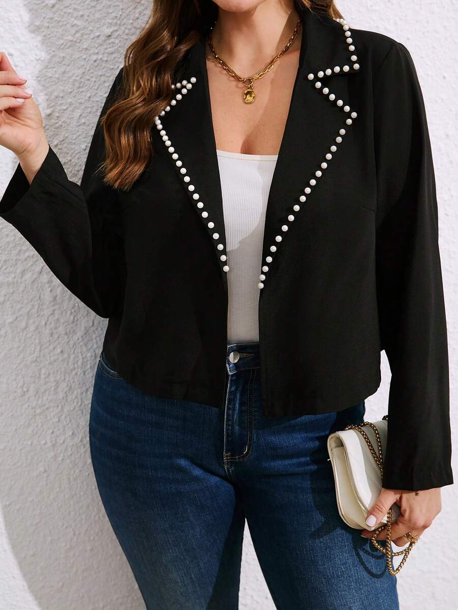 SHEIN LUNE Plus Size Solid Color Collar Bubble Pearl Long Sleeve Cropped Suit Jacket, Casual Resort Style, Spring/Autumn - Black - View 1