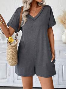 SHEIN LUNE Plus Size Women's Casual Romper With Pockets Summer Cozy Fit Chillax Slouchy Casual Style Relaxed Outfit Vacation Style Holiday Outfits Boho Bohemian Summer Clothes Women Summer Sets Women Clothes Women Plus Clothing Business Casual Women Plus Clothing Formal - Grey - View 4