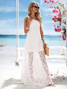 SHEIN VCAY Đầm Maxi Ren Trơn Một Vai Thanh Lịch Cho Nữ - trắng - Xem 4