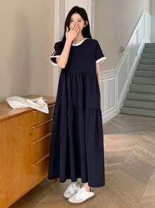 DAZY 女士宽松圆领中长连衣裙，春夏长款连衣裙 - 藏蓝色 - 查看 4