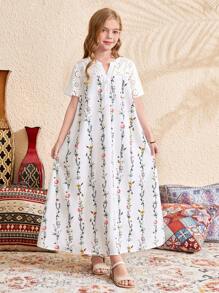 SHEIN Vestido informal suelto de niña preadolescente con estampado floral en patchwork, cuello en V, manga corta y silueta evasé - Blanco - Ver 4
