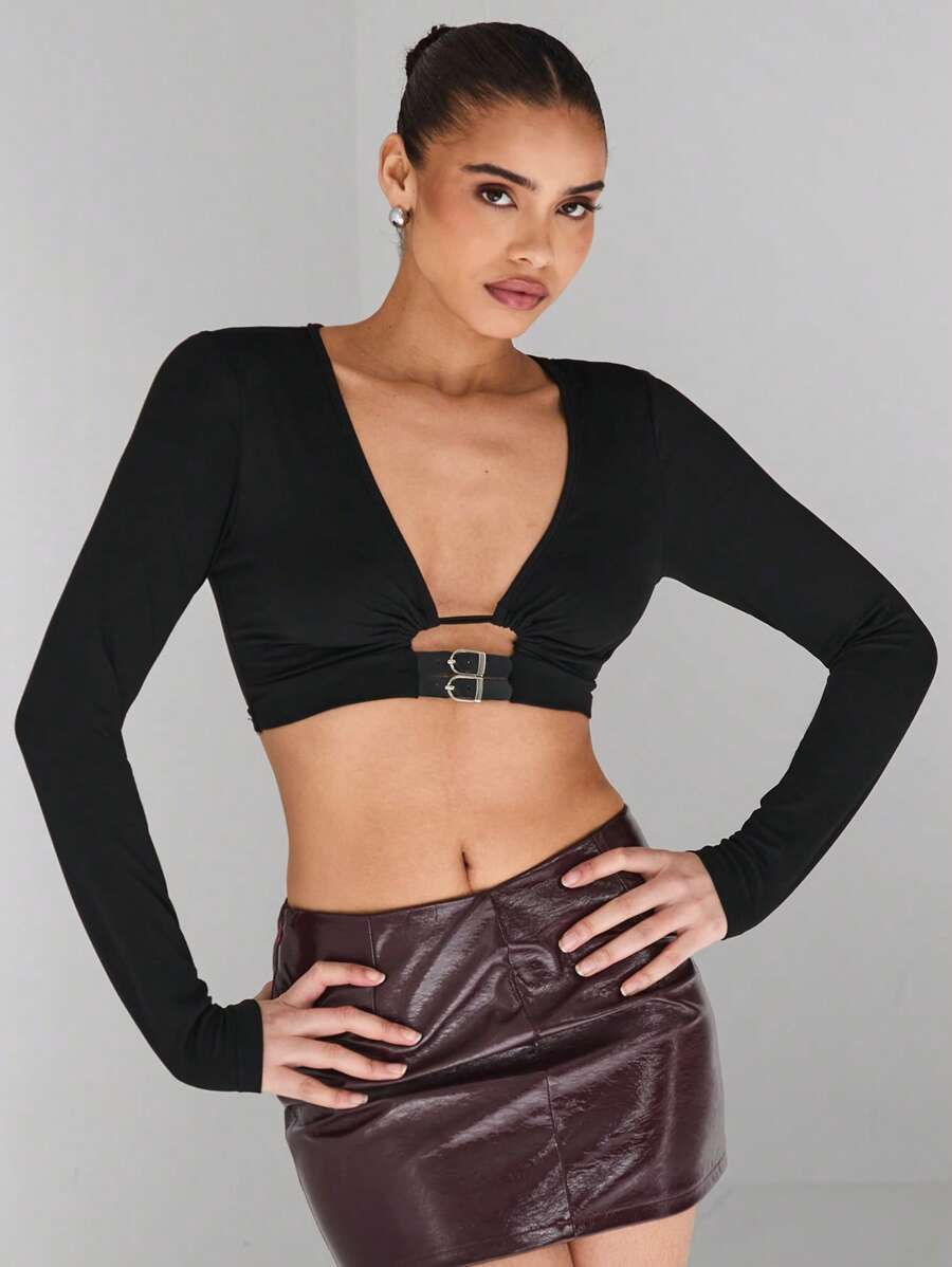 SHEIN Unity Black,Autumn,Elegant,Seksi Chic,Club Long Sleeve Crop Top,Stylish Summer Tops For Women,Perfect For Spring Vacation,College Students,Valentine's Day - Black - View 1