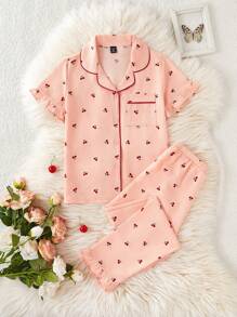 Girl's Scalloped Collar Ruffle Floral Print Pajama Set, Fashion Youth