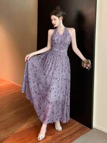 DAZY Damen Batik-Muster plissiertes Neckholder Midi-Kleid für den Sommer, Kleid für Hochzeit mit Blumenmuster - Verschiedenfarbig - Übersicht 1