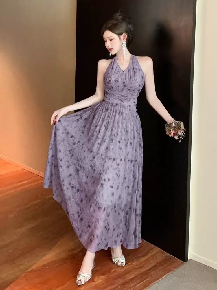 Women's Tie Dye Print Pleated Halter Midi Dress Summer,Dress For Wedding Floral Cocktail Dress