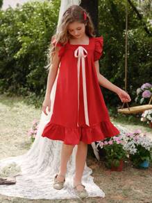 SHEIN Wildeya Tween-Mädchen Lässiges, elegantes, süßes A-Linien-Kleid mit Flügelärmeln und Schleife, Kleid mit rundem Kragen, rot, geeignet für Frühling, Sommer, Herbst, Ausflüge, Schule