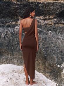 Opulessa 2 件套：女士纯色针织抹胸和单肩连衣裙 - 棕色 - 查看 5