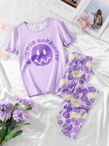 2pcs Tween Girls Casual Smile Face Pattern Short Sleeve Top And Pants Pajama Set, Comfortable - Purple - View 6