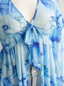 Soleia 大码女式彩色大理石印花针织网眼前开腰喇叭袖衬衫 - 藍色 - 查看 7