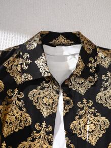 SHEIN 男童休闲金箔印花 Polo 领短袖衬衫和短裤套装，适合日常穿着、夏季、休闲、派对、日常、学校、旅行、聚会 - 黑色 - 查看 5