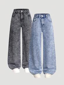 SHEIN Explorewe 2pcs Tween Girl All-Match Versatile Straight Wide Leg Denim Jeans, School, Campus, College Chic For Autumn/Winter - Multicolor - View 9