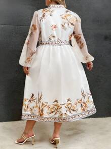 SHEIN CURVE+ CURVE PLUS /Valentine's Day/Elegant Party Occasion & Date Night Plus Size Midi Dress, Crossover V Neck With Belt, Floral Mesh Print, A-Line Flared Skirt, Spring Autumn - Z,Valentines,Rose,Heart,Polka Dot,Love,Lip,Cupid,3D Flower - Multicolor - View 2