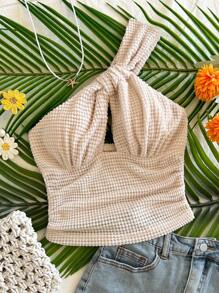 Soleia 女士度假镂空露背短款上衣，休闲夏日 - 杏色 - 查看 4