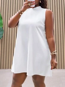 Slaydiva Plus Size White Summer Smart Casual Festa Party Dress,Sleeveless Stand Collar Backless Loose Mini Dress With Mesh Fabric,Elegant Graduation Gown - White - View 5