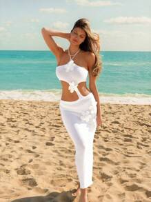 SHEIN Swim Traje de playa de verano con tiras de encaje de malla sólida y diseño floral 3D