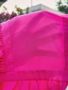 SHEIN Leap Crew SLAYR KIDS Tween Girl Vacation Casual Plain Color Woven Ruffle Sleeve Square Neck Dress - Hot Pink - View 5