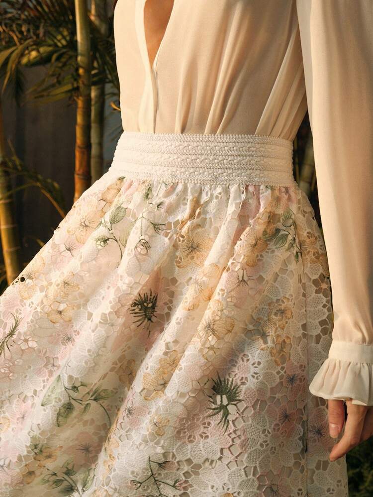 Floral Colorful Embroidered High Waist Knee-Length A-Line Skirt, Elegant & Spring For Women Skirt