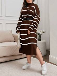 EURMUSE Plus Size Stand Collar Long Sleeve Striped Split Dress, Casual Daily Wear - Brown - View 4