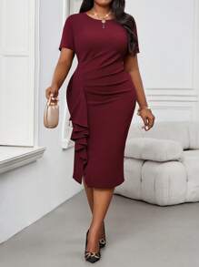 SHEIN Lady 秋冬圣诞派对礼服优雅复古工作婚礼酒会深红色针织圆领铅笔荷叶边新品紧身连衣裙大码连衣裙伴娘服大码连衣裙情人节度假服装女士新年派对 - 酒紅色 - 查看 5