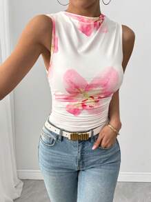 Chiquease Romantic Floral Print Asymmetric Ruched Camisole - Pink - View 5