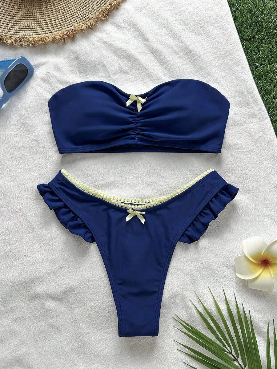 SHEIN VCAY Damen einfarbiger Bandeau Bikini Set, schlicht & modern für Lässig, Alltag, Sommerstrand Urlaub