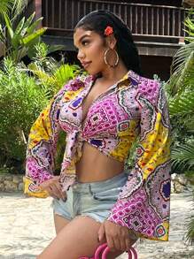 SHEIN SXY Women's Front Tie Long Sleeve Printed Casual Short Blouse,Spring Break,Boho,Old Money,Cover Ups,Beach,Boho,Summer,Vacation,Sexy - Multicolor - View 6