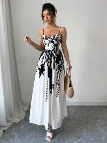 Chiquease Women's Asymmetrical Digital Print Spaghetti Strap Waisted Pleated Long Dress - Multicolor - View 5