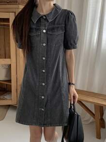 FRIFUL Abito di jeans casual da donna con maniche a palloncino e bottoni sul davanti, abito estivo