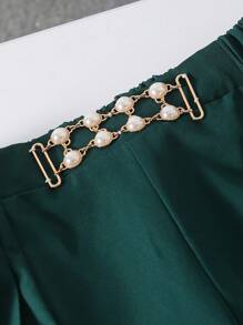 Elegant Vintage Collared Short Sleeve Solid Top With Detachable Bow Accent And High Waist Pleated Wide Leg Solid Color Pants Set For Tween Girls, Summer - Green - View 6