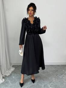 Elenzga Casual Romantic Boho Style Textured Ruffle Trim Women Long Sleeve Midi Dress, Chiffon Fabric' Fall Cloth For Women - Black - View 5