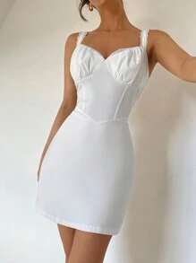 SHEIN Unity Vestido ajustado con cuello cuadrado, encaje y volantes en parches - Blanco - Ver 4