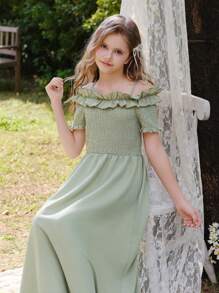 SHEIN Tween Girls Elegant Sage Green Summer Party Dress,Strapless Off Shoulder Tulle Puff Sleeve Bow Formal Short Dresses For Vacation Spring Wear - Green - View 6