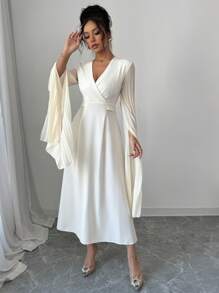 Modelyn Women's Woven Solid Color Splice Crossover Collar Long Sleeve Pleated Dress Fall Cloth For Women - Apricot - View 6