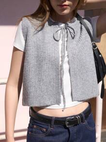 Jouncy Women Casual Solid Color Lace-Up Knitted Sweater Vest For Autumn/Winter - Grey - View 4