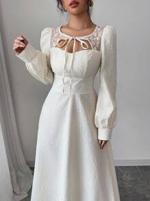 Modelyn Women's Jacquard Splicing Lace A-Line Long Sleeve Dress - Apricot - View 4