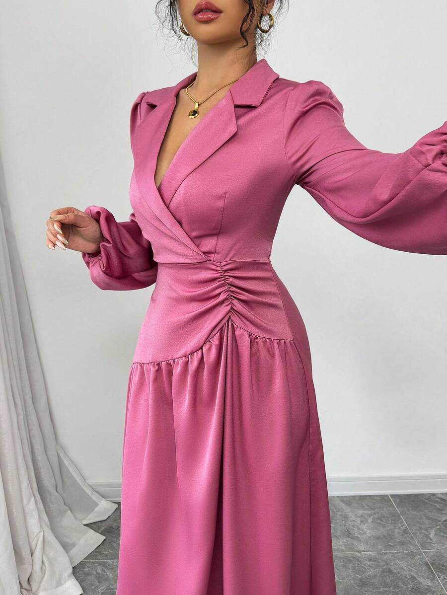 Modelyn Vestido largo casual de mujer de unicolor, de manga larga, cuello plano simple y plisado - Rosa - Ver 1