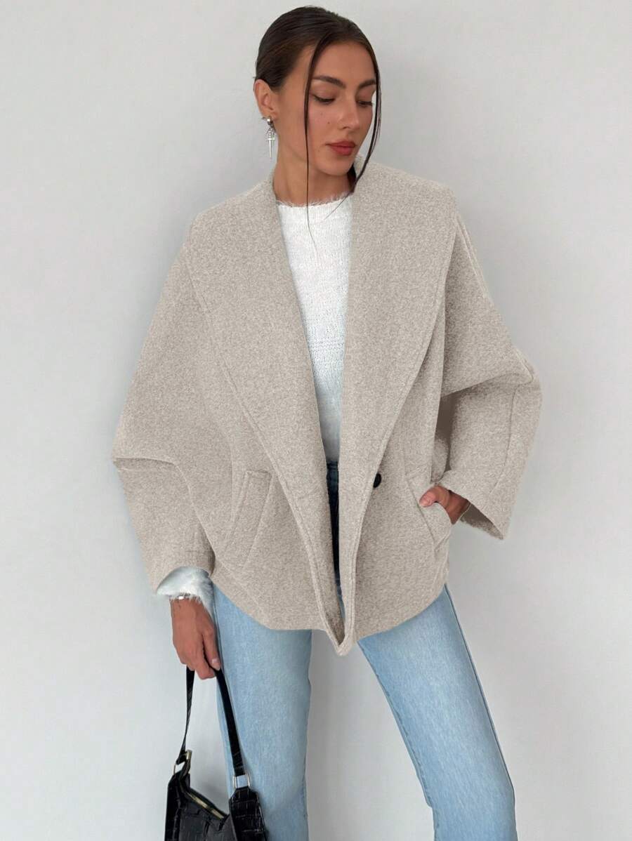 Aloruh 新款优雅灰色翻领羊毛混纺大衣，秋冬百搭 - 卡其色 - 查看 1