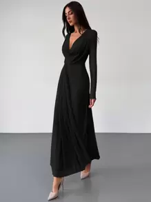 Aloruh 紧身低胸垂坠领长袖网眼杏色连衣裙，适合约会和场合的浪漫装扮