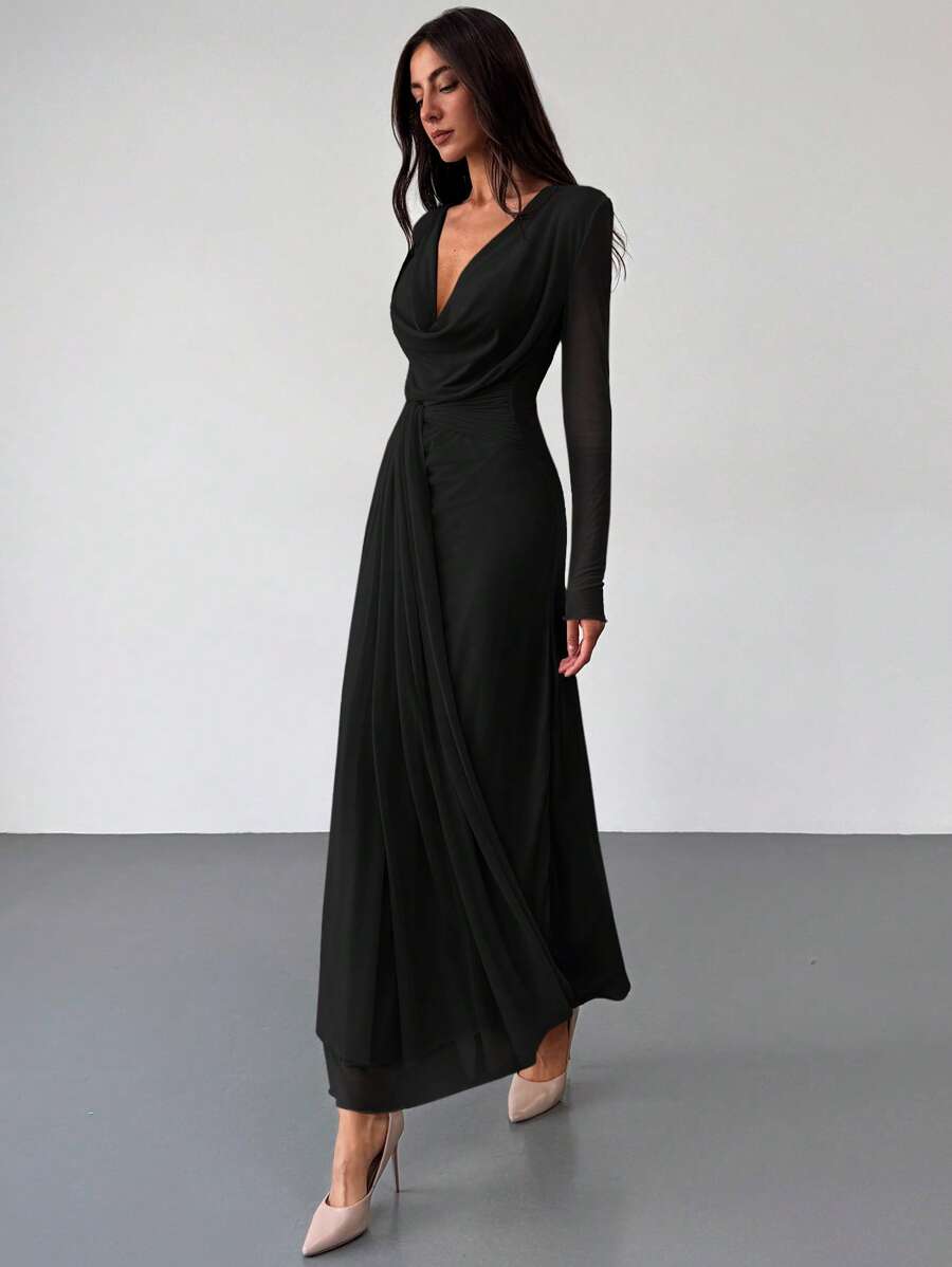 Aloruh 紧身低胸垂坠领长袖网眼杏色连衣裙，适合约会和场合的浪漫装扮