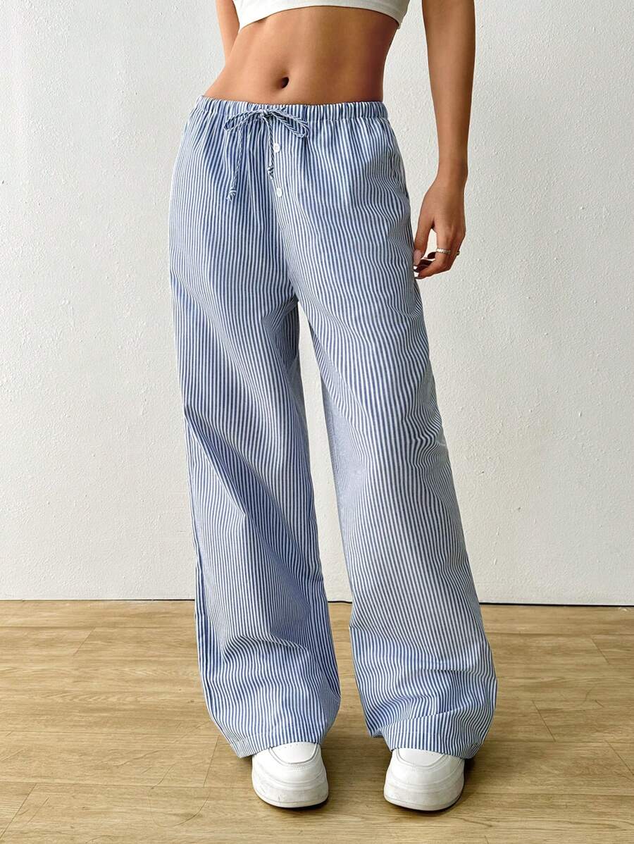 Comfortcana Women's Casual Striped Drawstring Waist Pants - Blue - View 1