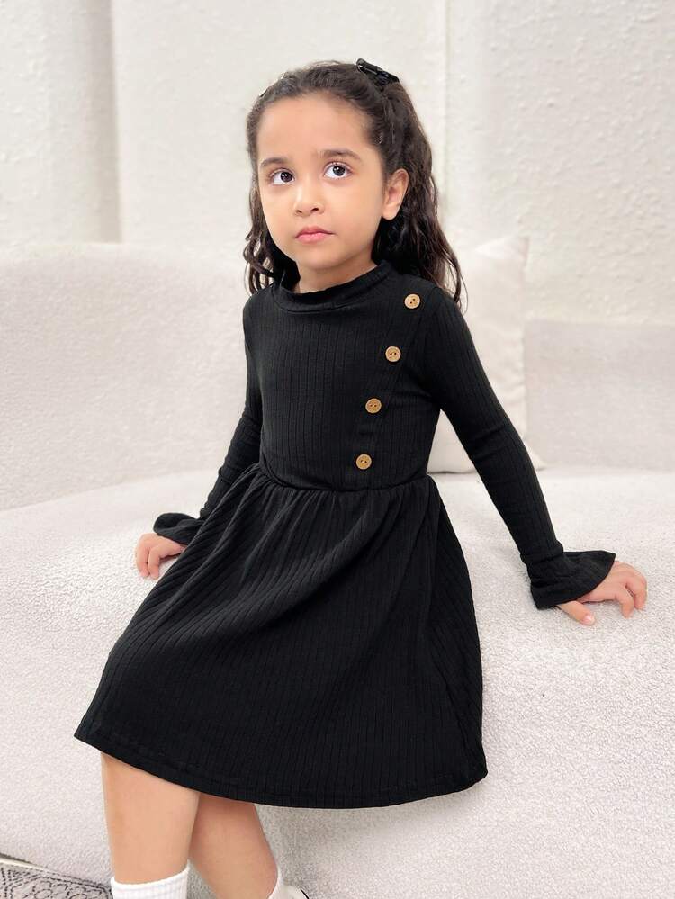 Young Girl Mock Neck Button Detail Flare Sleeve Dress