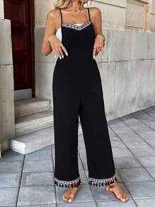 Women's Minimalist Black Elegant Comfortable Loose Jumpsuit Strap Romper For Vacation - Black - View 5