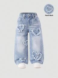 Young Girl Casual Urban Light Wash Fully Elastic Waist Heart Patch Embroidered Wide Legs Pants With Flat Pockets, The Best Daily Fashion Outfits, School, Campus, College Summer Holiday