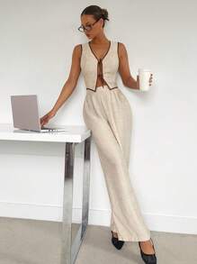 Siren Gaze 2 件女式撞色绑带纽扣前无袖上衣和长裤套装，极简主义，春夏季，休闲无袖罗纹短背心和直筒裤 2 件套，适合日常穿着，优雅通勤，拼色饰边，前翻领系带无袖上衣和长裤两件套，亚麻质地面料，优雅时尚，适合通勤，办公室警笛风格服装