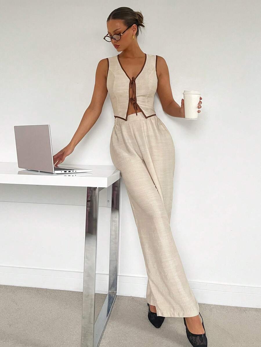 Siren Gaze 2 件女式撞色绑带纽扣前无袖上衣和长裤套装，极简主义，春夏季，休闲无袖罗纹短背心和直筒裤 2 件套，适合日常穿着，优雅通勤，拼色饰边，前翻领系带无袖上衣和长裤两件套，亚麻质地面料，优雅时尚，适合通勤，办公室警笛风格服装