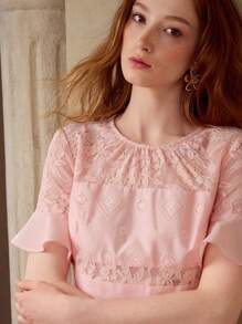 MOTF PREMIUM Top PEPLUM EN DENTELLE CONTRASTANTE - Rose bonbon - Voir 4