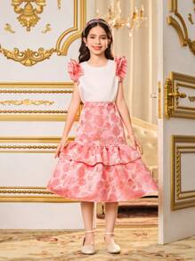 SHEIN Tween Girls Elegant Summer Party 2 Pieces Set,White And Pink Textured Floral Sleeve Crop Top & Rose Jacquard Satin A-Line Skirt Luxurious Outings - Multicolor - View 3
