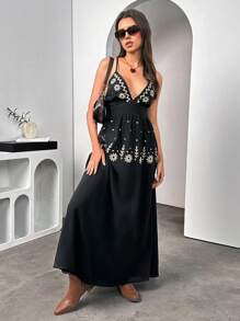 Chiquease Vestido con cuello en V profundo con bordado floral para mujer, ropa de playa de vacaciones - Negro - Ver 6
