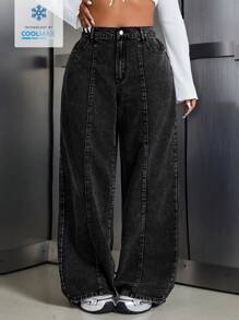 SHEIN ICON Coolmax 大码女式口袋宽腿宽松休闲牛仔裤 - 黑色 - 查看 1