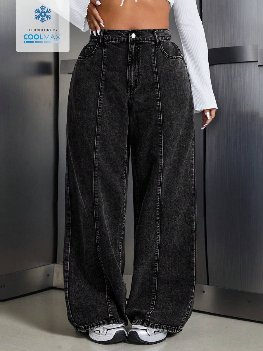 SHEIN ICON Coolmax 大码女式口袋宽腿宽松休闲牛仔裤 - 黑色 - 查看 1